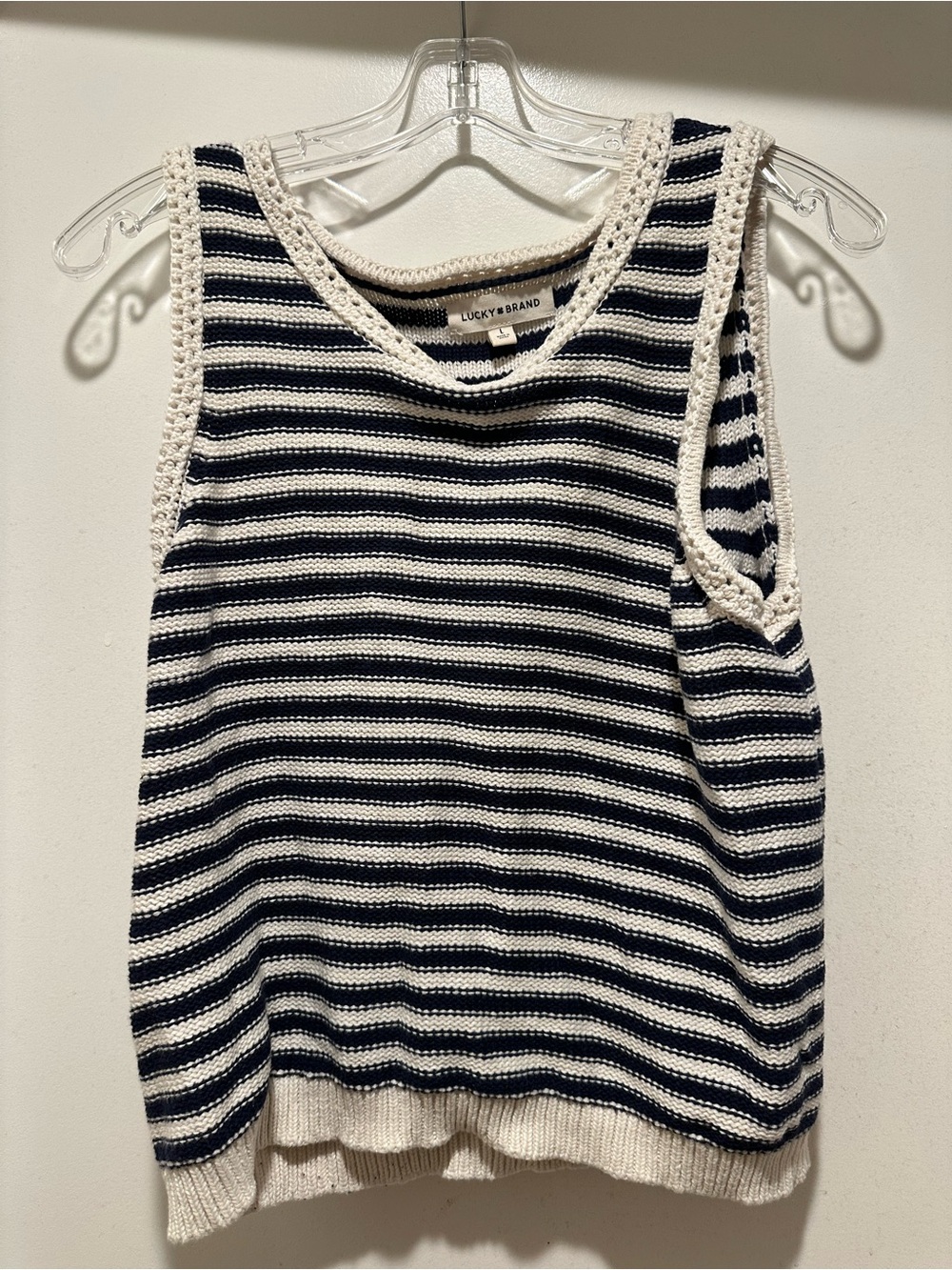 Lucky Brand Navy & White Striped Crochet-Trim Vest Size Large